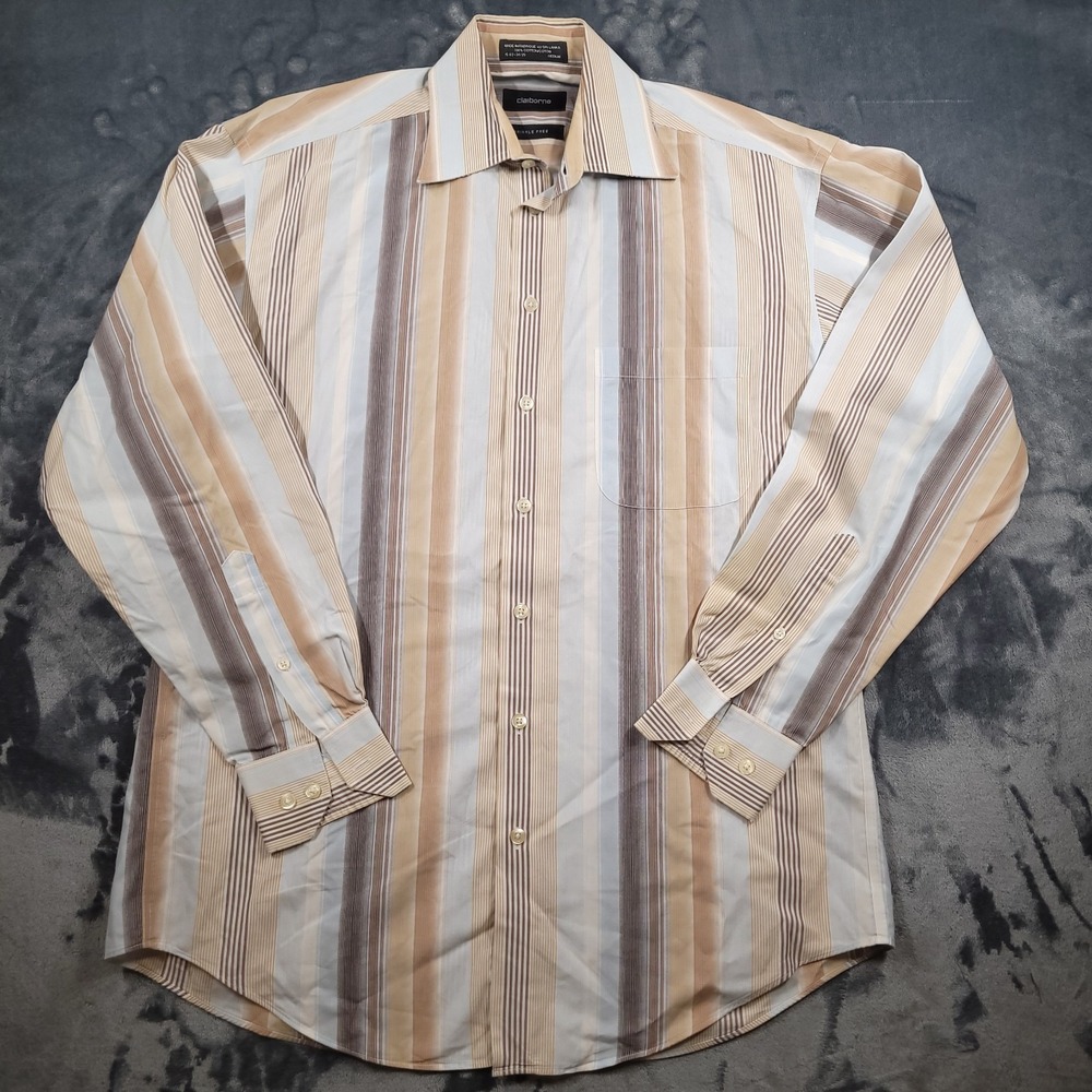 Vintage Mens CLAIBORNE Wrinkle Free Long Sleeve Blue/Brown Striped Shirt Medium